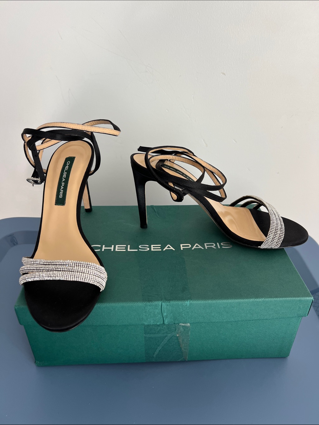 Chelsea Paris Sasha Black Satin And Crystals Wrap Around Ankle Heels Sandals 39
